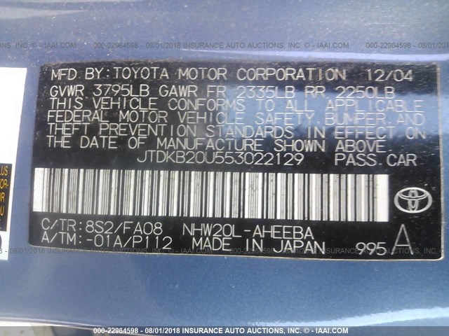 JTDKB20U553022129 - 2005 TOYOTA PRIUS BLUE photo 9