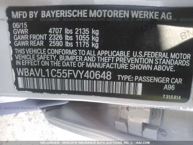 WBAVL1C55FVY40648 - 2015 BMW X1 XDRIVE28I WHITE photo 9