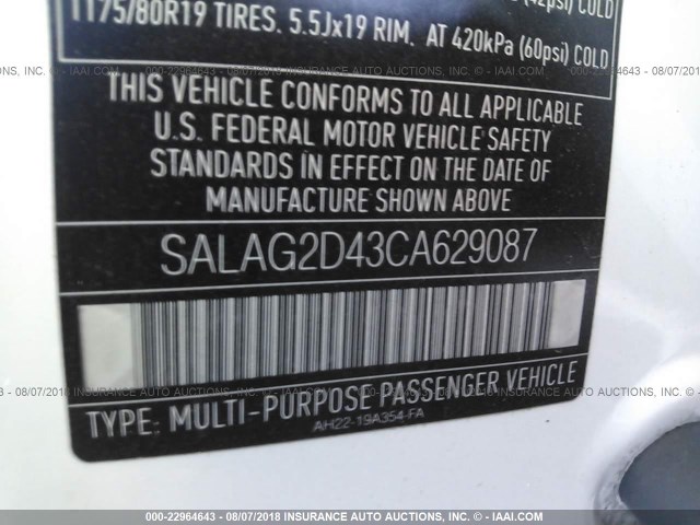 SALAG2D43CA629087 - 2012 LAND ROVER LR4 HSE WHITE photo 9