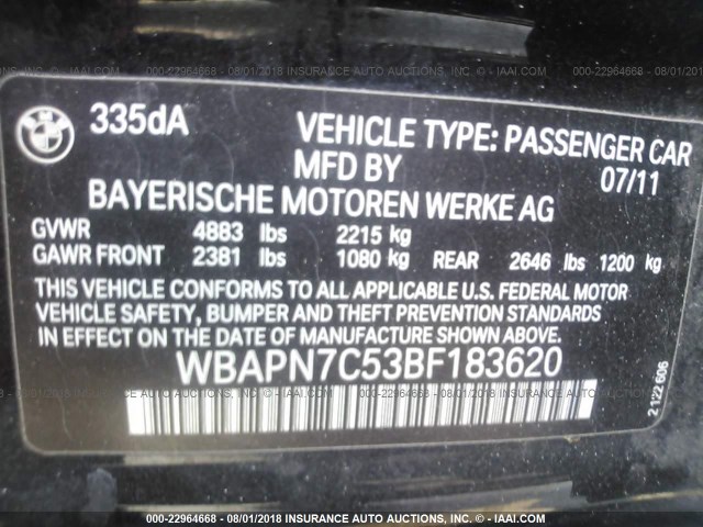 WBAPN7C53BF183620 - 2011 BMW 335 D BLACK photo 9