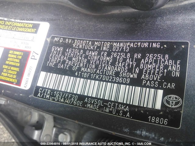 4T1BF1FK7DU239609 - 2013 TOYOTA CAMRY L/SE/LE/XLE Boz foto 9