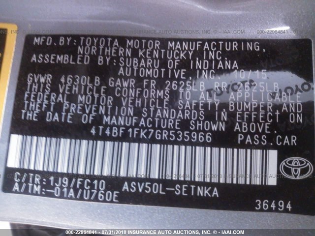 4T4BF1FK7GR535966 - 2016 TOYOTA CAMRY LE/XLE/SE/XSE 灰色 照片 9
