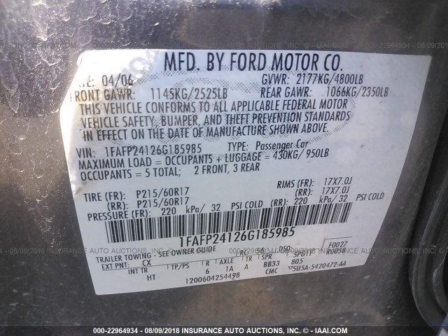 1FAFP24126G185985 - 2006 FORD FIVE HUNDRED SEL GRAY photo 9