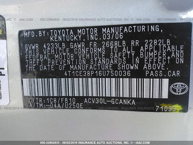 4T1CE38P16U750036 - 2006 TOYOTA CAMRY SOLARA SE/SLE ვერცხლისფერი ფოტო 9