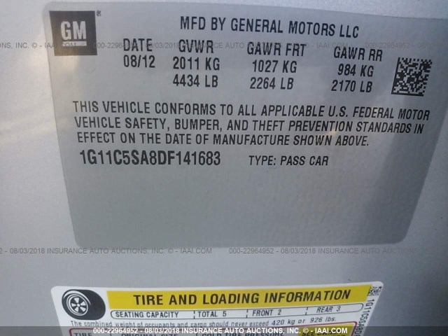 1G11C5SA8DF141683 - 2013 CHEVROLET MALIBU 1LT 银色 照片 9