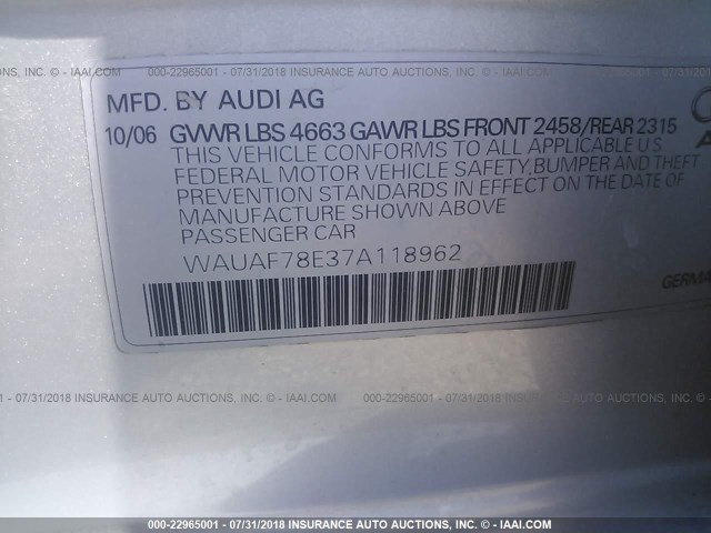 WAUAF78E37A118962 - 2007 AUDI A4 2/TURBO SILVER photo 9