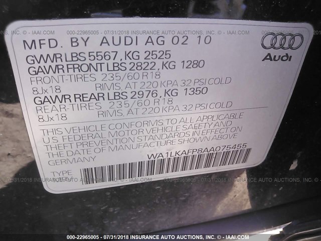 WA1LKAFP8AA075455 - 2010 AUDI Q5 PREMIUM PLUS Dark Blue photo 9