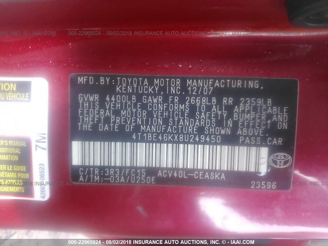 4T1BE46KX8U249450 - 2008 TOYOTA CAMRY CE/LE/XLE/SE RED photo 9