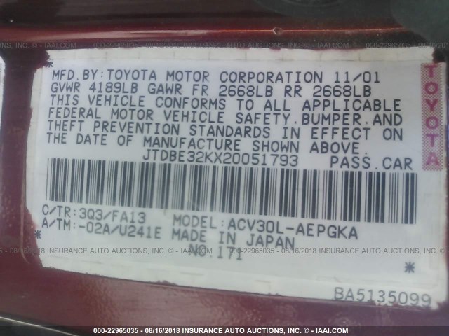 JTDBE32KX20051793 - 2002 TOYOTA CAMRY LE/XLE/SE RED photo 9