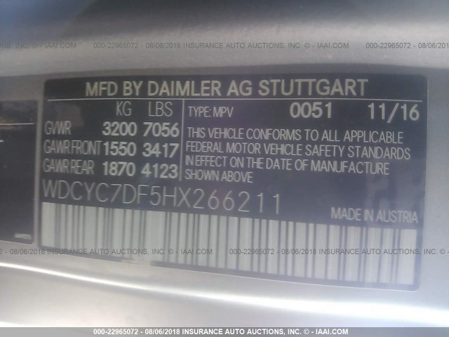 WDCYC7DF5HX266211 - 2017 MERCEDES-BENZ G 63 AMG GRAY photo 9