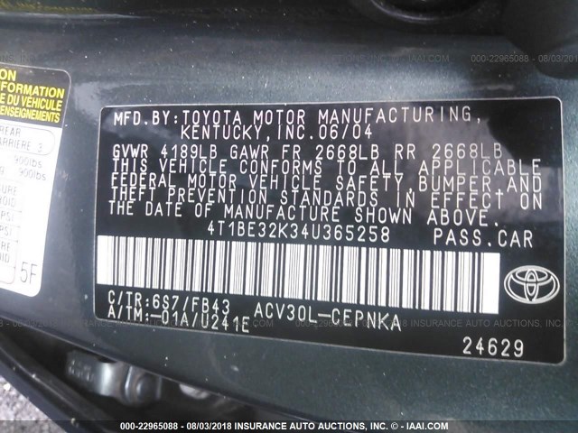 4T1BE32K34U365258 - 2004 TOYOTA CAMRY LE/XLE/SE 绿色 照片 9