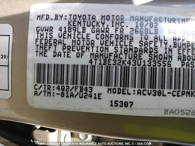 4T1BE32K43U133556 - 2003 TOYOTA CAMRY LE/XLE/SE Qızıl foto 9