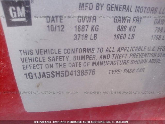 1G1JA5SH5D4138576 - 2013 CHEVROLET SONIC LS 红色 照片 9