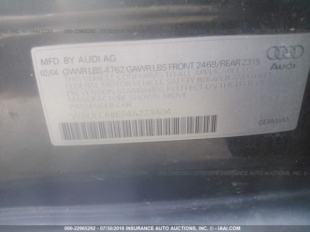 WAULC68E24A223404 - 2004 AUDI A4 1.8T QUATTRO GRAY photo 9