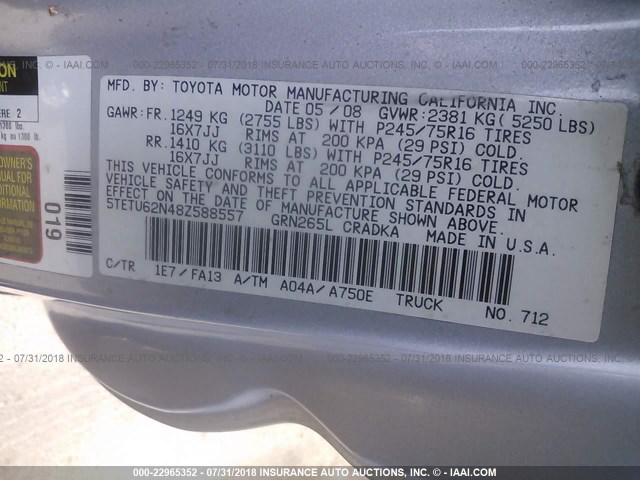 5TETU62N48Z588557 - 2008 TOYOTA TACOMA PRERUNNER ACCESS CAB SILVER photo 9