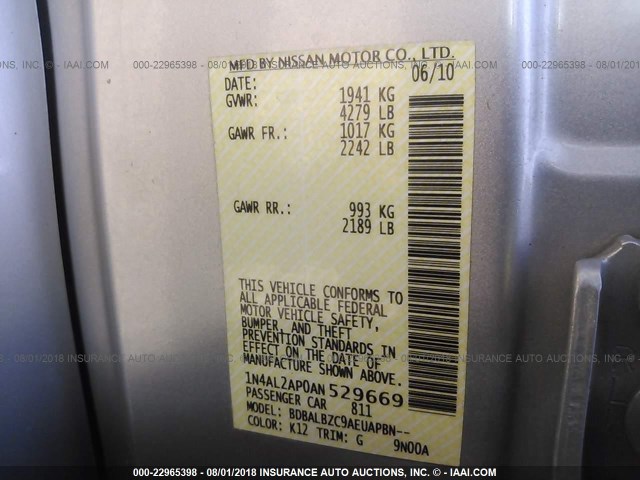 1N4AL2AP0AN529669 - 2010 NISSAN ALTIMA S ვერცხლისფერი ფოტო 9