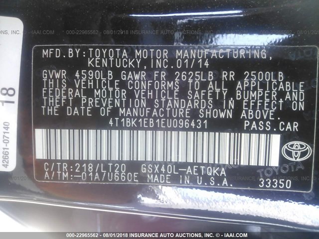 4T1BK1EB1EU096431 - 2014 TOYOTA AVALON PREMIUM/TOURING/LIMITED BLACK photo 9