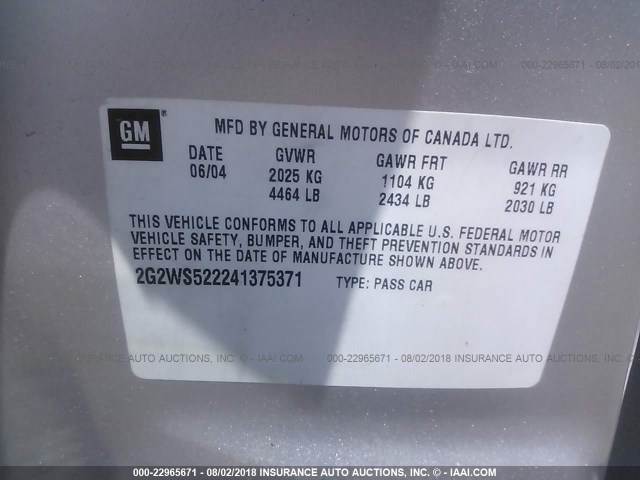 2G2WS522241375371 - 2004 PONTIAC GRAND PRIX GT2 ვერცხლისფერი ფოტო 9