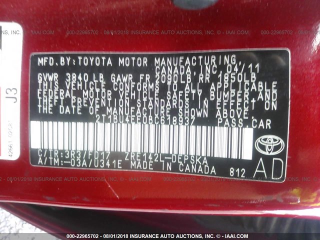 2T1BU4EE0BC618937 - 2011 TOYOTA COROLLA S/LE RED photo 9