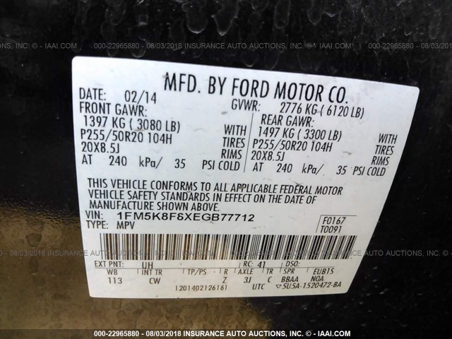 1FM5K8F8XEGB77712 - 2014 FORD EXPLORER LIMITED BLACK photo 9