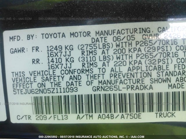 5TEJU62N05Z111093 - 2005 TOYOTA TACOMA DOUBLE CAB PRERUNNER BLACK photo 9
