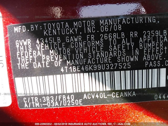 4T1BE46K99U327525 - 2009 TOYOTA CAMRY SE/LE/XLE წითელი ფოტო 9