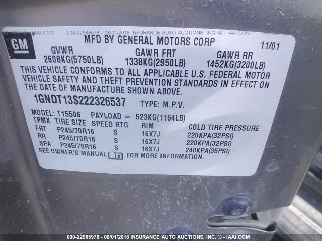 1GNDT13S222326537 - 2002 CHEVROLET TRAILBLAZER  SILVER photo 9