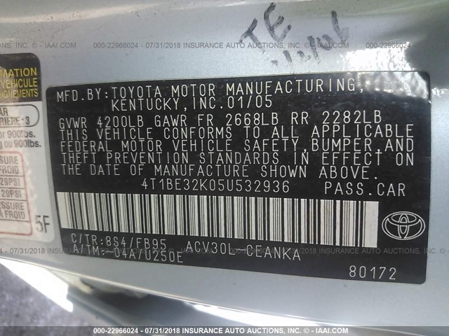 4T1BE32K05U532936 - 2005 TOYOTA CAMRY LE/XLE/SE Mavi foto 9