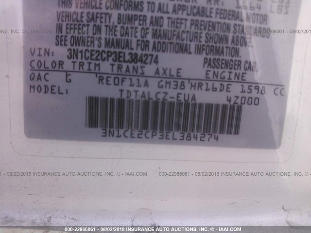 3N1CE2CP3EL384274 - 2014 NISSAN VERSA NOTE S/S PLUS/SV/SL WHITE photo 9