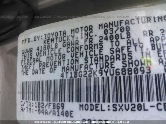 4T1BG22K9YU688093 - 2000 TOYOTA CAMRY CE/LE/XLE ნაცრისფერი ფოტო 9