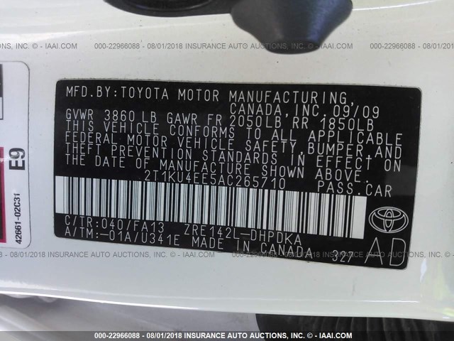 2T1KU4EE5AC265710 - 2010 TOYOTA COROLLA MATRIX  WHITE photo 9