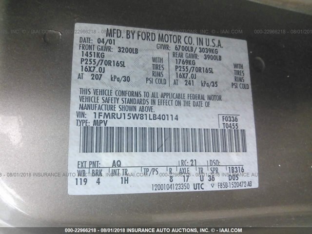 1FMRU15W81LB40114 - 2001 FORD EXPEDITION XLT GOLD photo 9