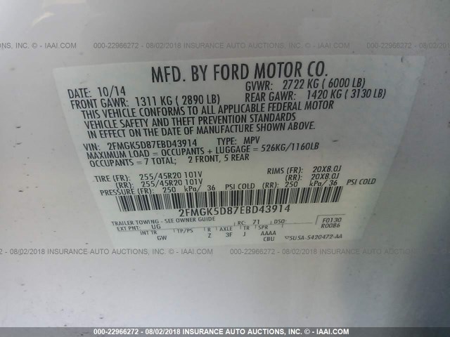 2FMGK5D87EBD43914 - 2014 FORD FLEX LIMITED WHITE photo 9