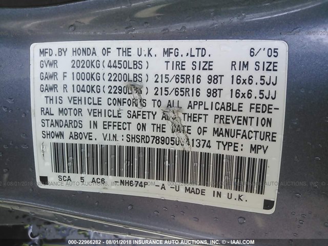 SHSRD78905U341374 - 2005 HONDA CR-V SE/EX GRAY photo 9