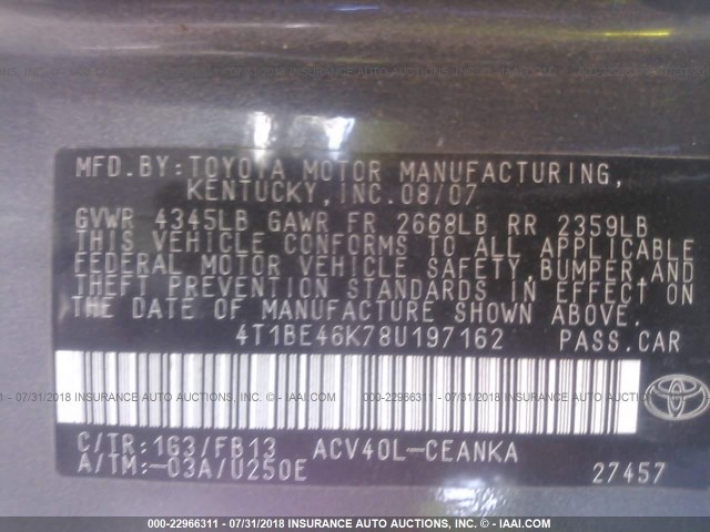 4T1BE46K78U197162 - 2008 TOYOTA CAMRY CE/LE/XLE/SE GRAY photo 9