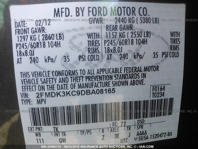 2FMDK3KC9DBA08165 - 2013 FORD EDGE LIMITED GRAY photo 9