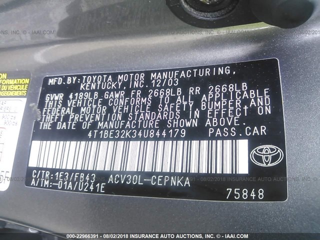 4T1BE32K34U844179 - 2004 TOYOTA CAMRY LE/XLE/SE Boz foto 9