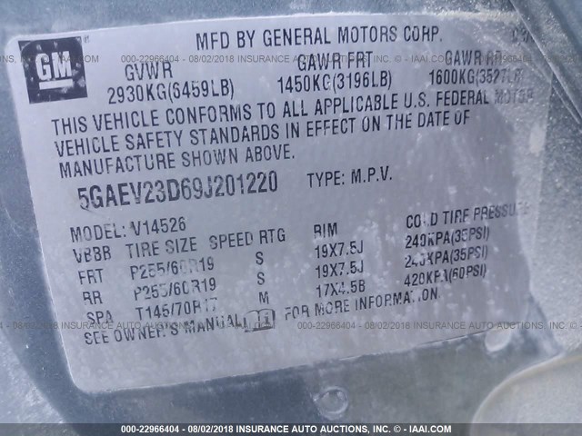 5GAEV23D69J201220 - 2009 BUICK ENCLAVE CXL 绿色 照片 9