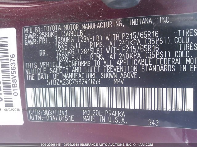 5TDZA23C75S241659 - 2005 TOYOTA SIENNA CE/LE RED photo 9