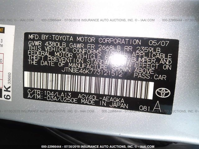 JTNBE46K773121512 - 2007 TOYOTA CAMRY NEW GENERAT CE/LE/XLE/SE SILVER photo 9