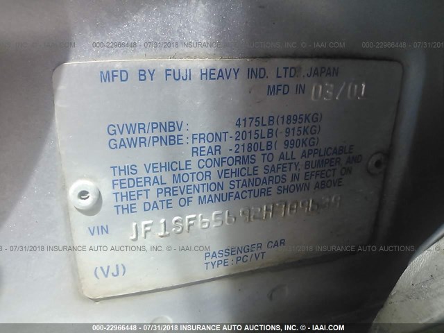 JF1SF65692H709639 - 2002 SUBARU FORESTER S SILVER photo 9