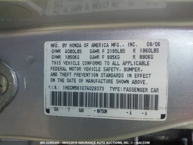 1HGCM56107A029373 - 2007 HONDA ACCORD VALUE SILVER photo 9