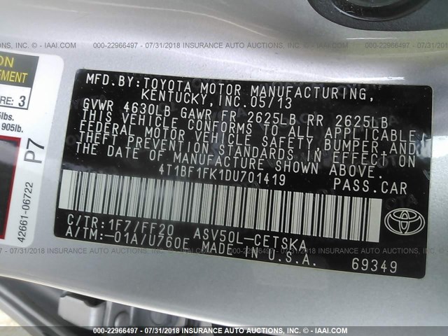 4T1BF1FK1DU701419 - 2013 TOYOTA CAMRY L/SE/LE/XLE 银色 照片 9