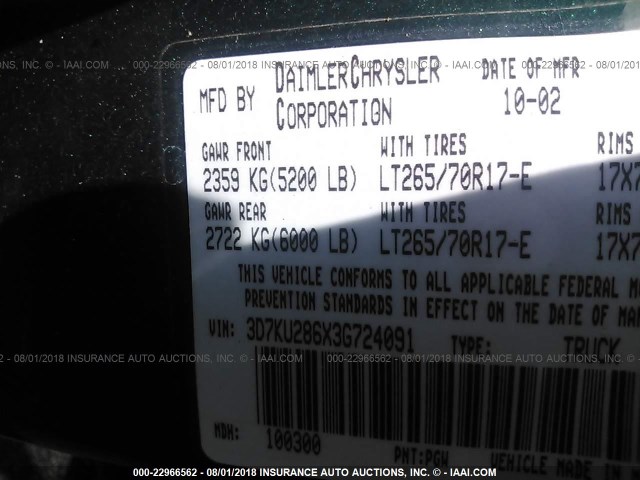 3D7KU286X3G724091 - 2003 DODGE RAM 2500 ST/SLT 绿色 照片 9