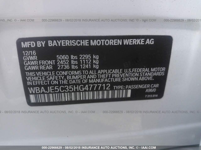 WBAJE5C35HG477712 - 2017 BMW 540 I WHITE photo 9