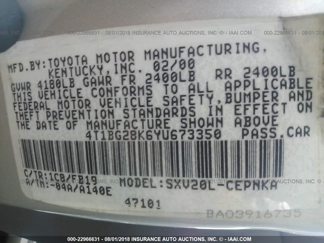 4T1BG28K6YU673350 - 2000 TOYOTA CAMRY CE/LE/XLE ვერცხლისფერი ფოტო 9