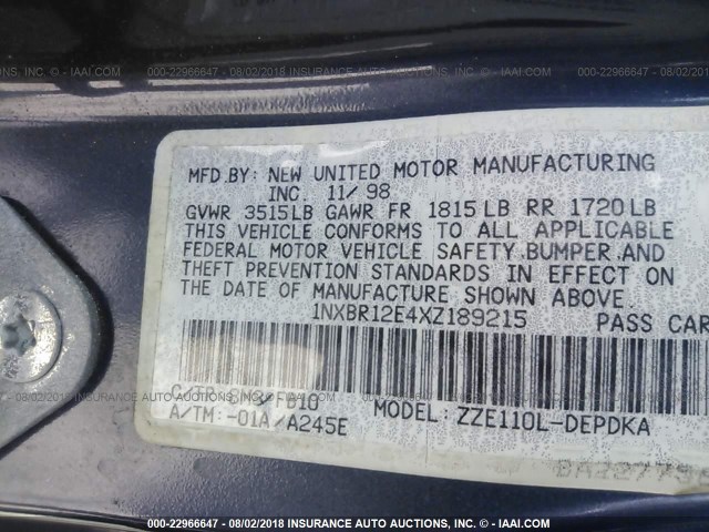 1NXBR12E4XZ189215 - 1999 TOYOTA COROLLA VE/CE/LE 蓝色 照片 9