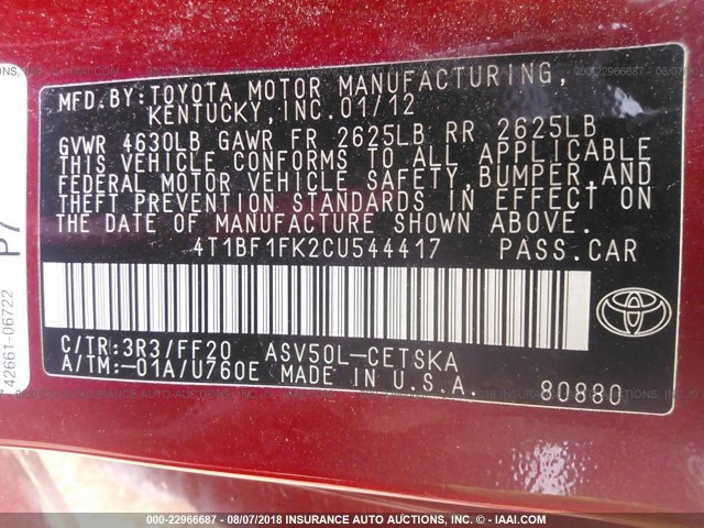 4T1BF1FK2CU544417 - 2012 TOYOTA CAMRY SE/LE/XLE RED photo 9