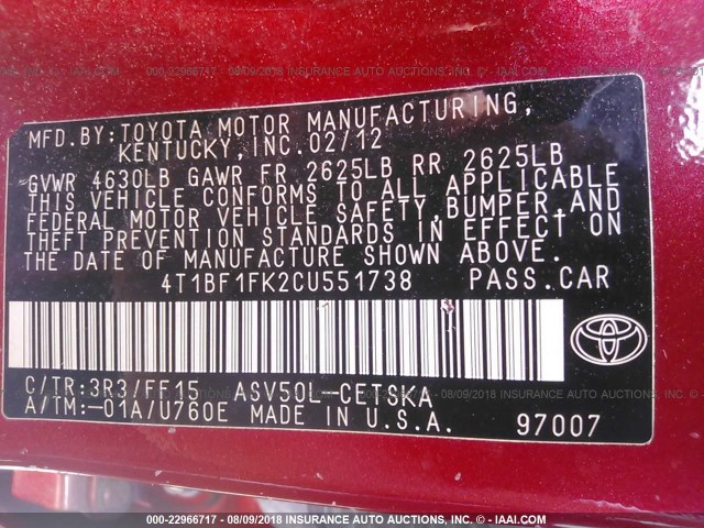 4T1BF1FK2CU551738 - 2012 TOYOTA CAMRY SE/LE/XLE წითელი ფოტო 9