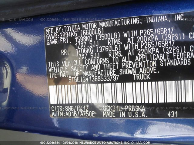 5TBET34136S533797 - 2006 TOYOTA TUNDRA DOUBLE CAB SR5 BLUE photo 9